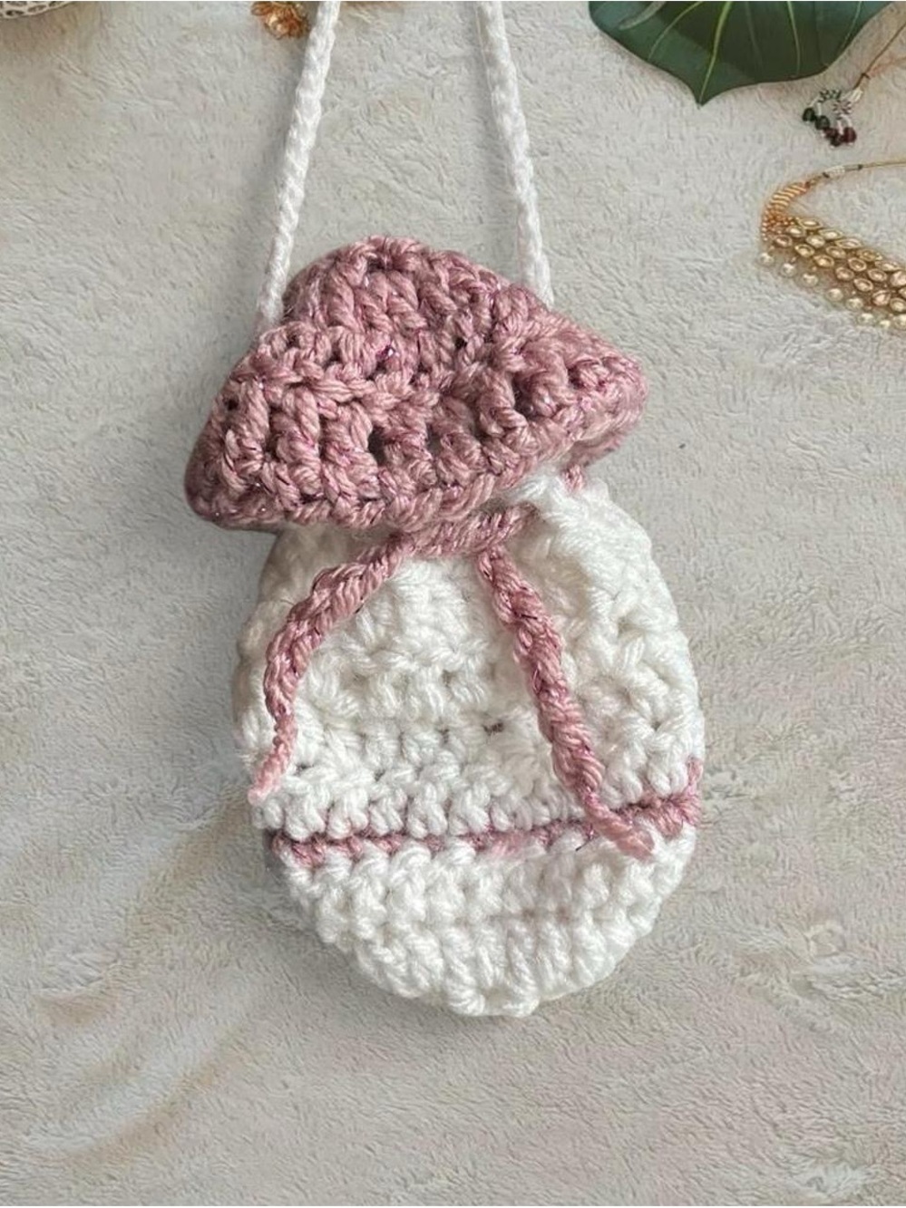 Handmade White and Sparkly Pink Mushroom Crochet Drawstring Mini Bag
